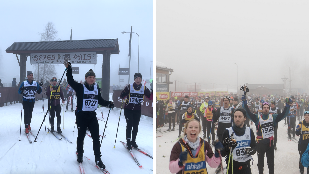 Glada skidåkare i ett dimmigt Evertsberg