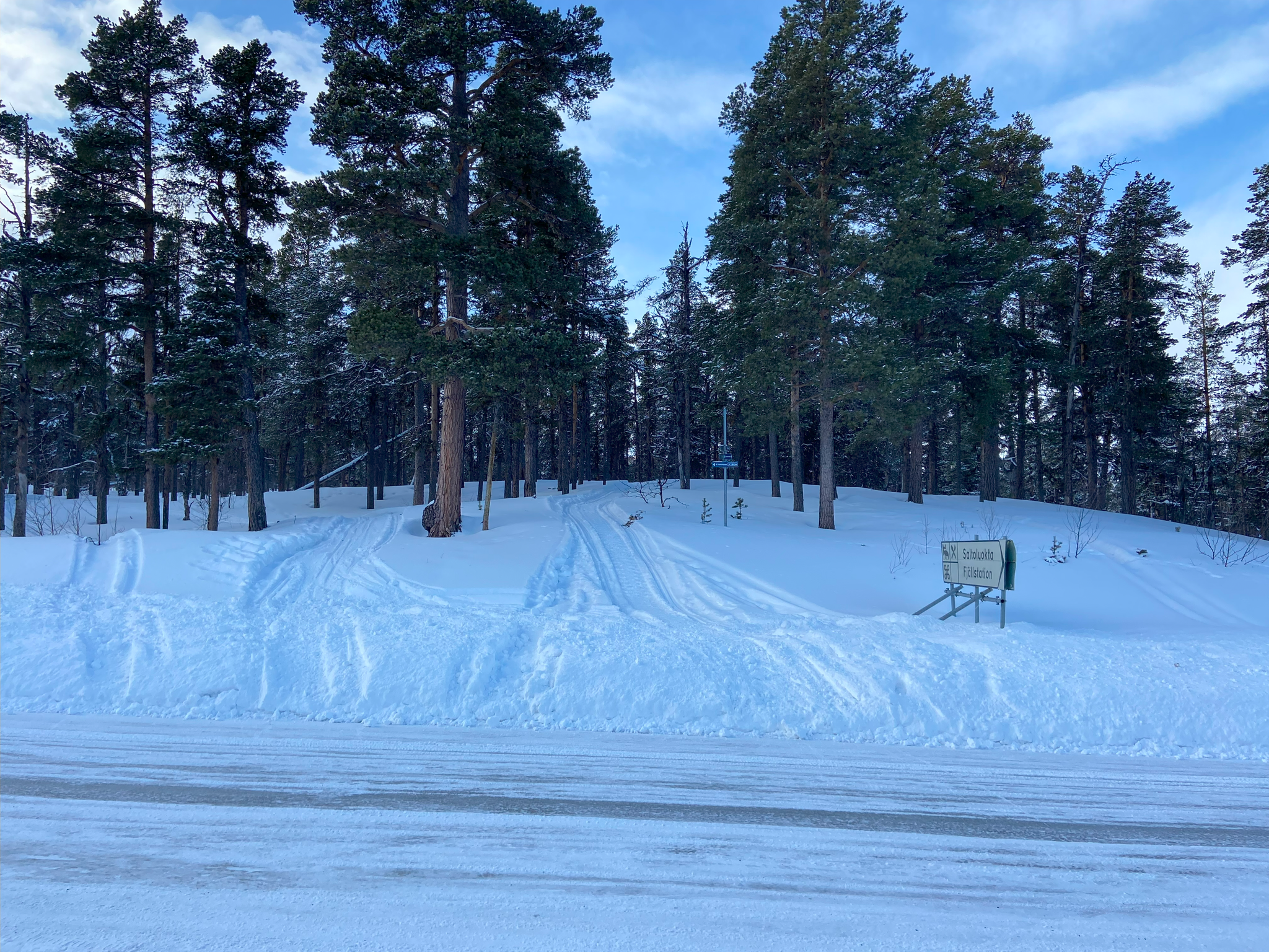 Tragiskt nog är det mycket buskörning med snöskoter i Stora Sjöfallets nationalpark. Vi hölls vakna på natten av skoteråkande ungdomar som åkte jättesnabbt med skotern på myren nära vårt tält i mörket. Här har skotrarna åkt i nationalparken. På kartan framgår att det är nationalpark, men det finns ingen information om det vid gränsen här. Som vi förstår nationalparksreglerna är det förbud mot snöskoteråkning där.