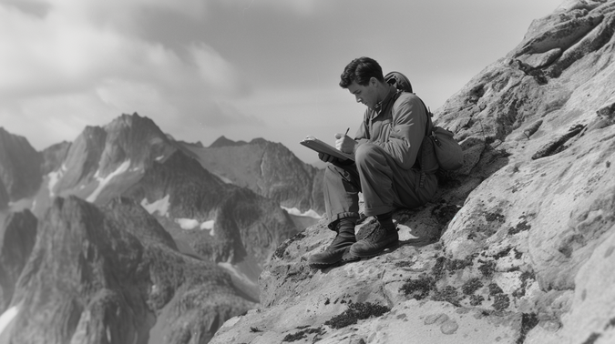 En man skriver, sittandes på ett berg
