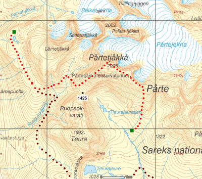 Vårt vägval, från lägerplatsen på hyllan till nästa plats vid Sähkokjåhkå. 