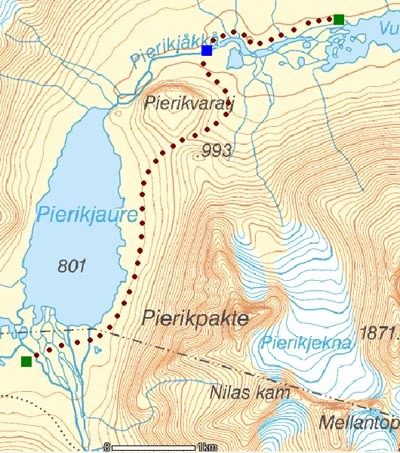 Vandringen dag 6 med vadet (blå ruta).