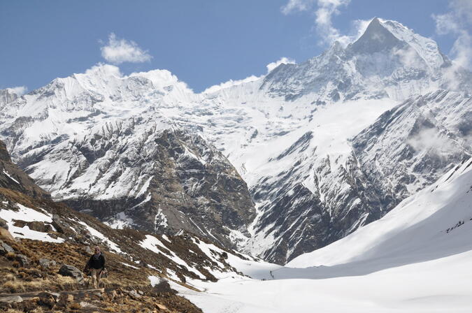 Sista biten vandring upp till Annapurna base camp bjuder på vidunderlig utsikt och perfekt väder