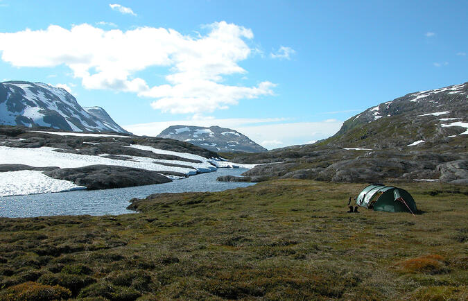 Tältplats dag 11, nära Guovddelisjávrásj. 2003-07-04 kl. 15:22.