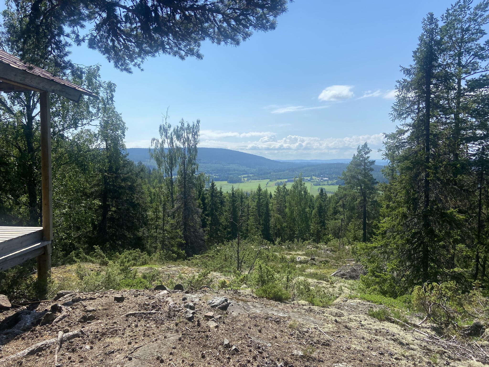 Då jag genomgående valde att följa den nya ledsträckningen hamnade jag uppe på Ulandsberget. Uppe på toppen hittade jag en nybyggd stuga och fin utsikt men inte någon fortsättning på leden. Jag fick då kolla kartappen och det visade sig att jag missat avtaget. Fick gå tillbaka lie och sedan ner på rätt ställe.