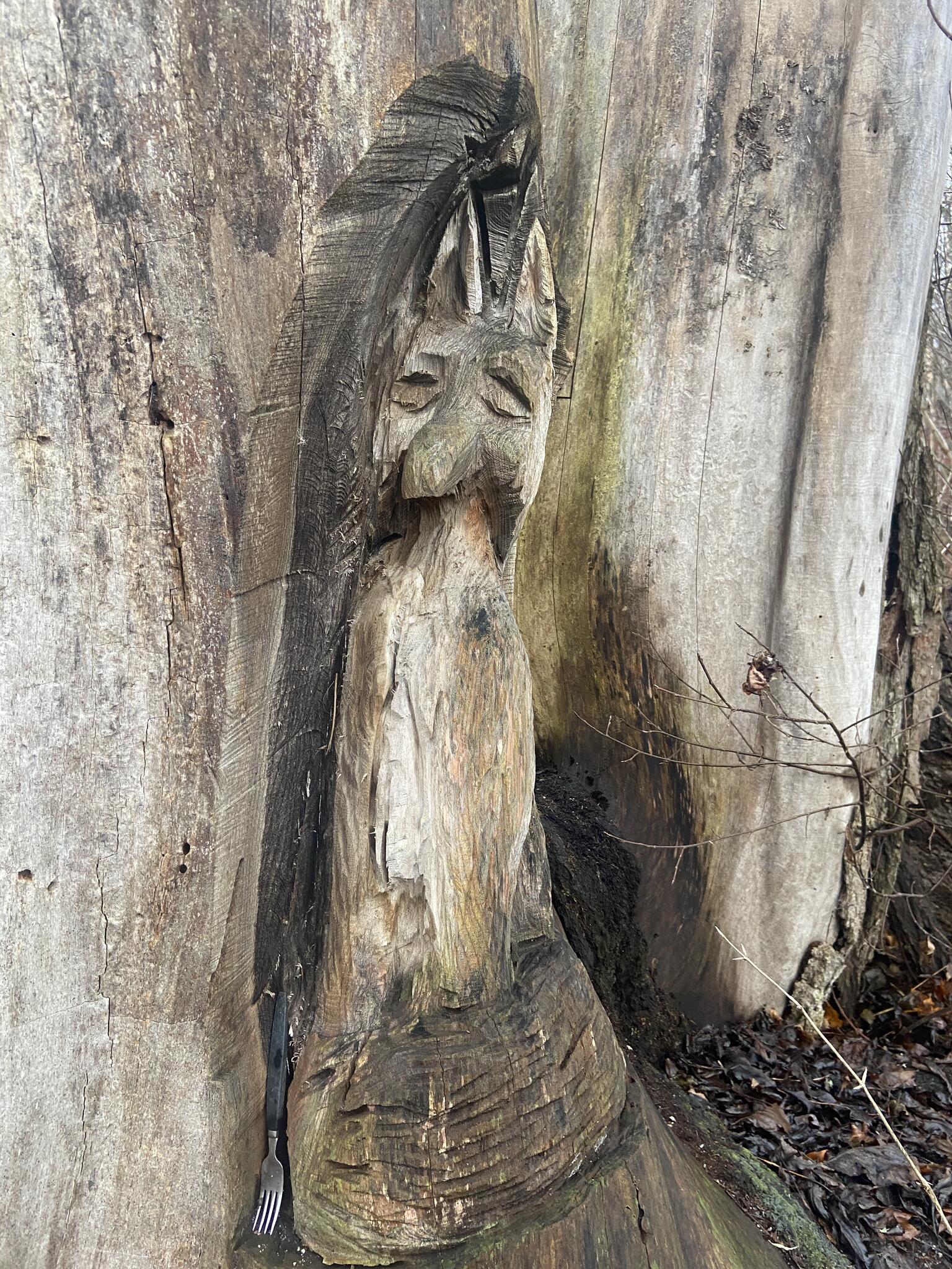 Skulptur av räv utsågad ur en stående död alm.