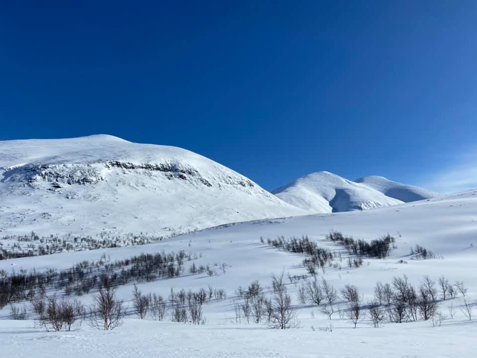 Fjällen Giron och Tjåmuhas. Vi hade precis åkt nerför i backen längs leden.