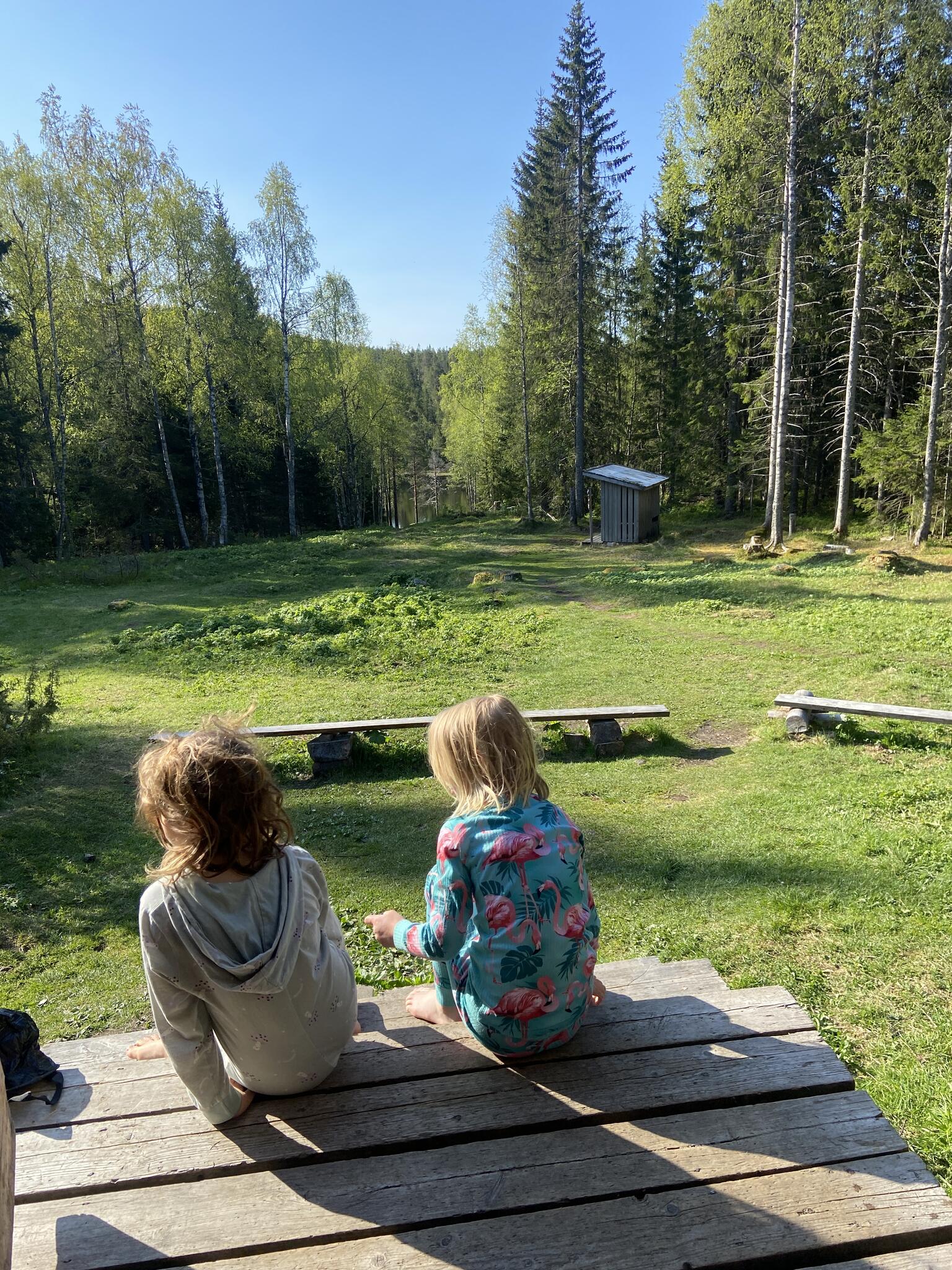 Morgon-häng på stugans trappa.