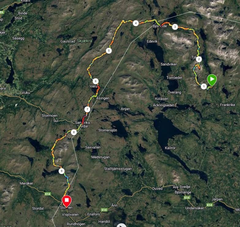 Min rutt med tältplatserna. Nr 7 var ingen tältplats. 23 mil och 6305 höjdmeter.