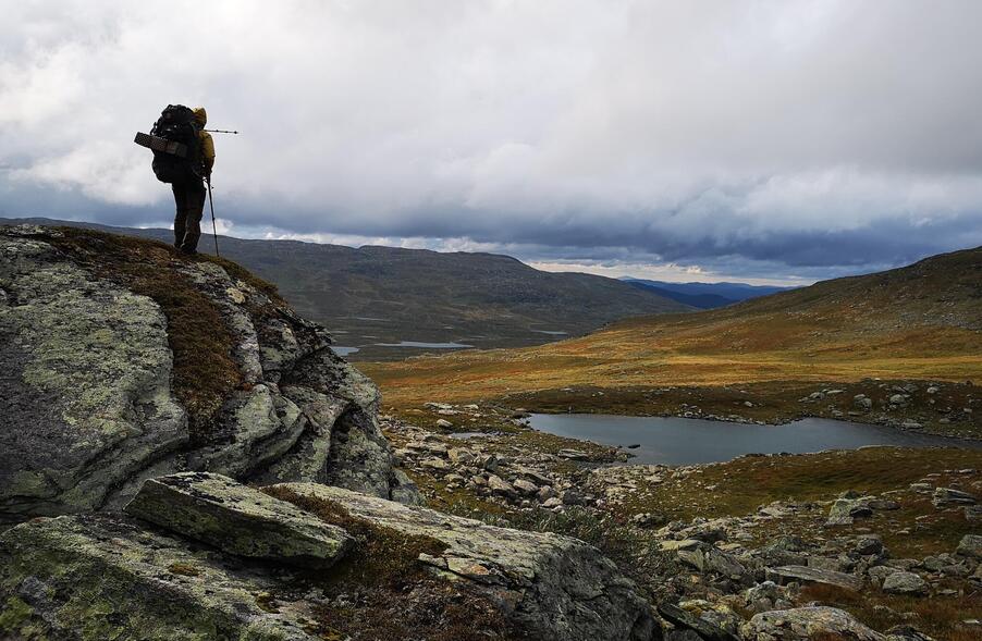 Thang Tran, Gröna Bandet 2018 En person med en stor ryggsäck och vandringsstavar står på en bergssluttning och blickar ut över en dal i fjällen.