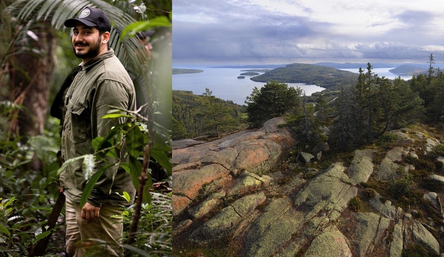Rezdar Bakri ska vandra Höga kustenleden för "Den stora naturvandringen". Foto: Höga Kusten Destinationsutveckling, Markus Fredriksson Till vänster en bild på Rezdar Bakri som ska vandra Höga kustenleden för Naturkompaniets satsning "Den stora naturvandringen", till höger en bild på Skuleberget.