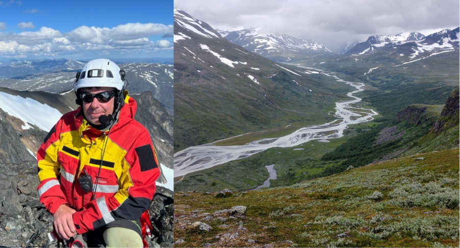 Foto: En bild på fjällräddare Mikael Oja, och en bild på utsikt över Rapadalen i Sarek.