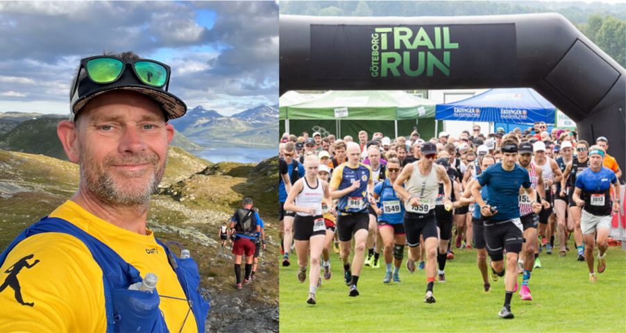 Foto: Stefan Bengtsson, Merrell Göteborg Trailrun En porträttbild på Stefan Bengtsson under ett fjällmaraton, och en bild på starten av Merrell Göteborg Trailrun