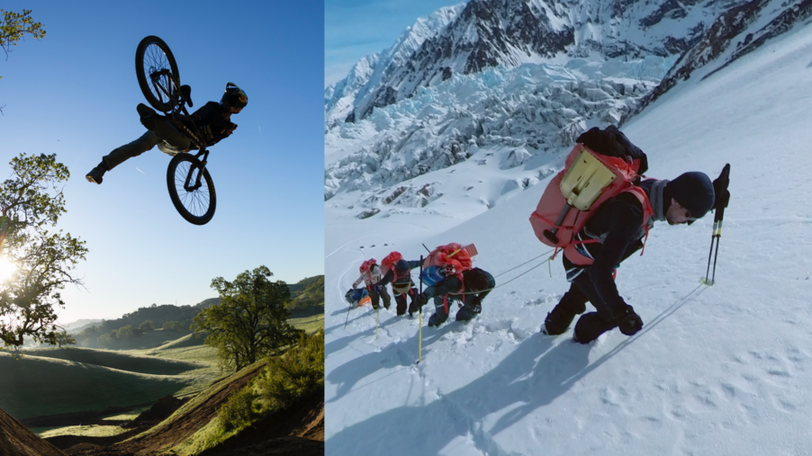 Till vänster en bild på en person som gör ett trick på mountainbike, och till höger en bild på fyra personer som vandrar uppför ett brant snötäcke. 