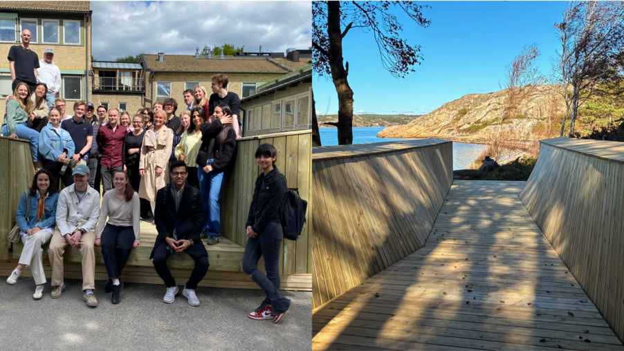 Två bilder. En visar en grupp studenter, en visar en träbro vid havet.