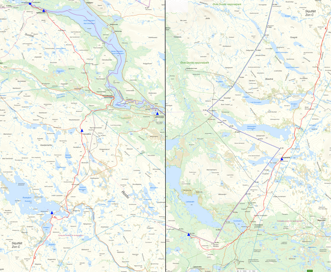 Markerad färdväg i rött. Blå triangel är ungefärliga tältplatser.