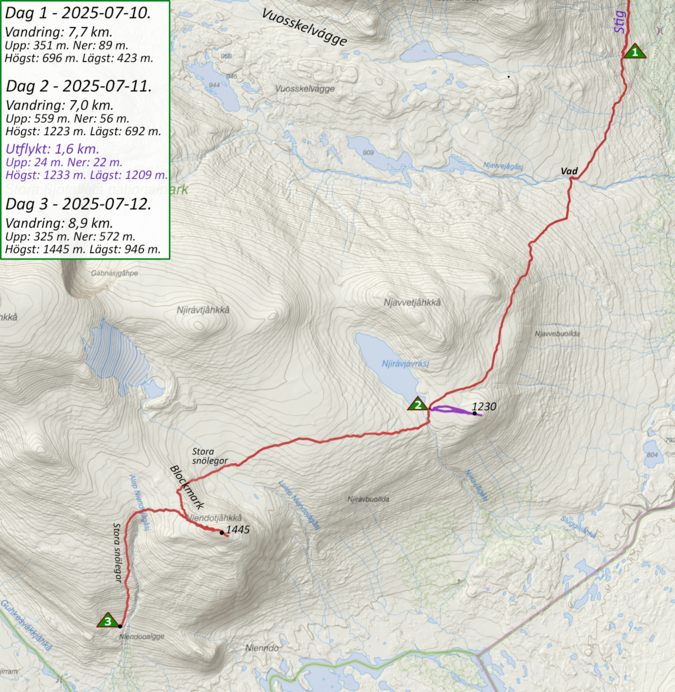 Karta med GPS-spår för dag 1, 2 och 3.