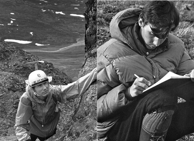 1967 blev det det en intensiv klättersommar i Sarek. Till vänster: bestigning av Bierikbakte. Till höger: Claes skriver dagbok på Bielavallda. Foto: Claes Grundsten Två svartvita bilder på Claes Grundsten som bestiger berg och skriver dagbok i Sarek 1967.