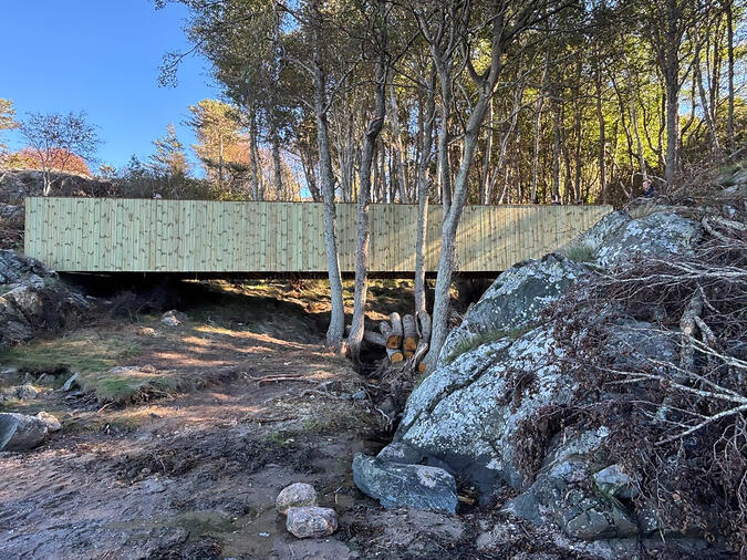 En lång träbro som går över en ravin.