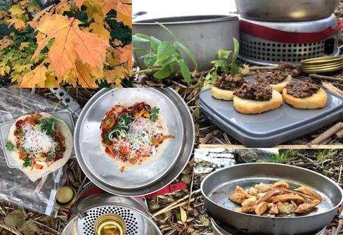 En trerätters lunch eller middag i naturen